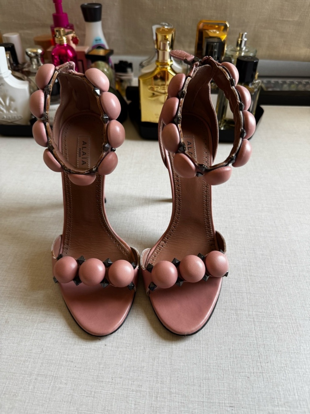 Alaia Rose Pink Satin Open-Toe Heeled Sandals